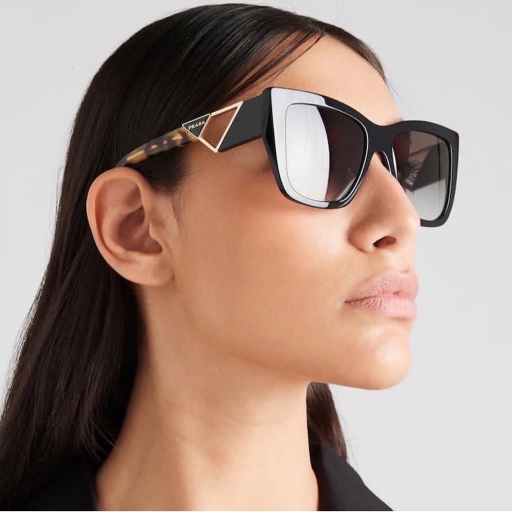 Prada Black Cat-Eye Sunglasses with Tortoiseshell Temples and Gold Accents - Picture 2 of 6